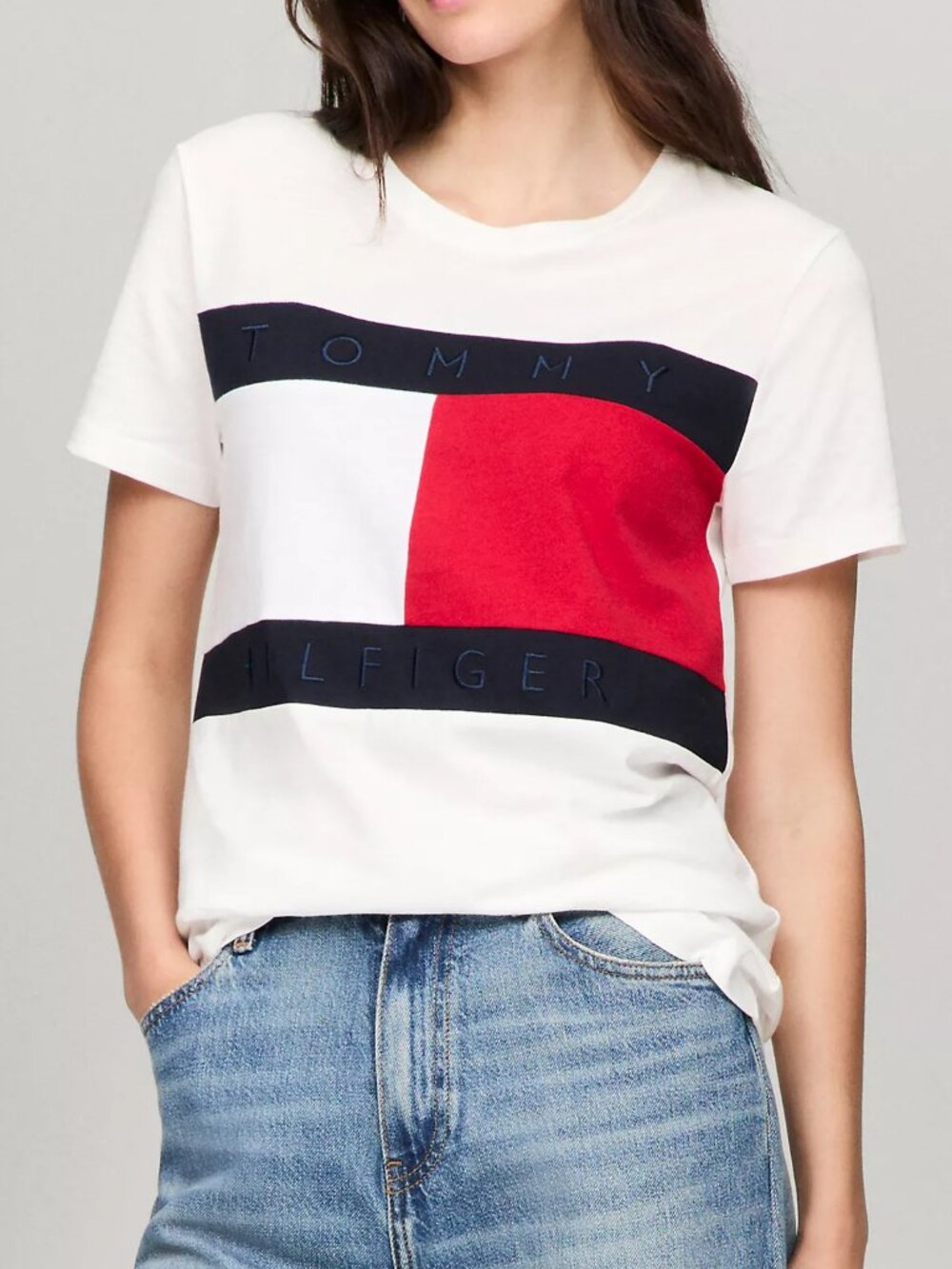 Tommy Hilfiger 100% Cotton Crewneck Color Block White Red Blue T-shirt Tee Flag